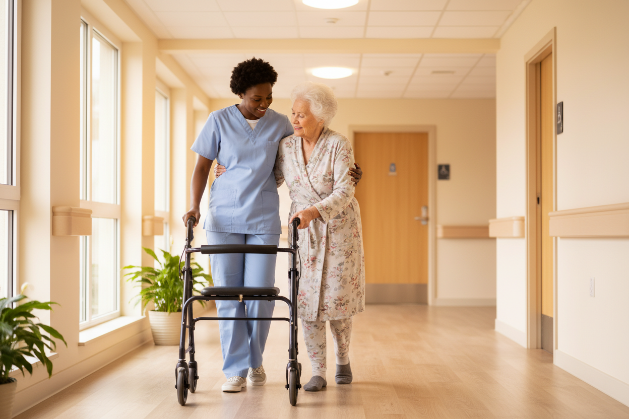 black healthcare provider walking a white elderly women to the bathroom